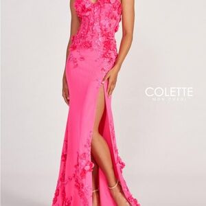 NWT Colette by Mon Cheri Hot Pink Floral Appliqué Gown with Lace Up Corset sz 8